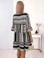  Geometric Print Bell Sleeve Loose Fit Dress