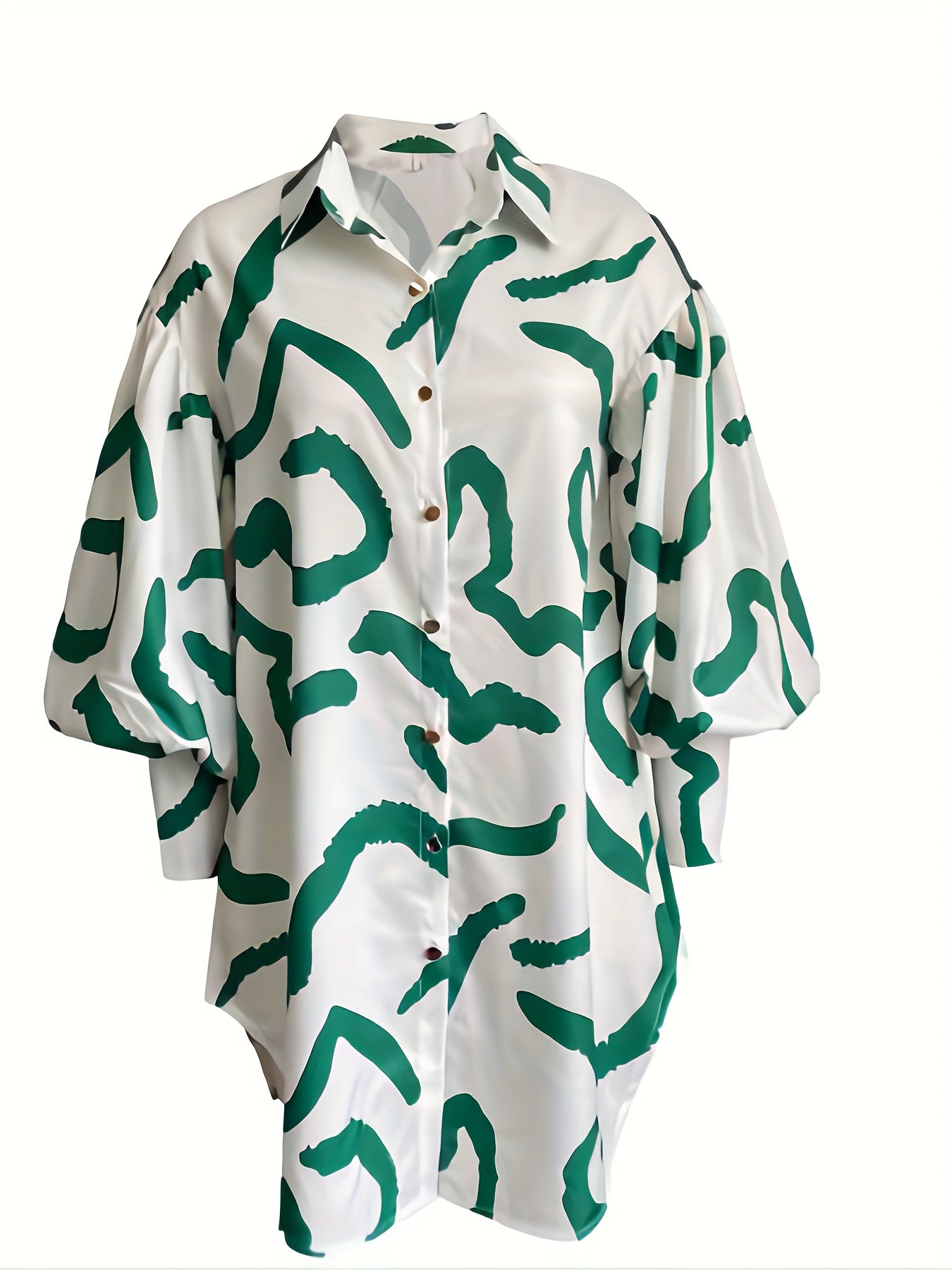  Graffiti Print Button Up Lantern Sleeve Turn Down Collar Dress