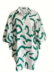  Graffiti Print Button Up Lantern Sleeve Turn Down Collar Dress