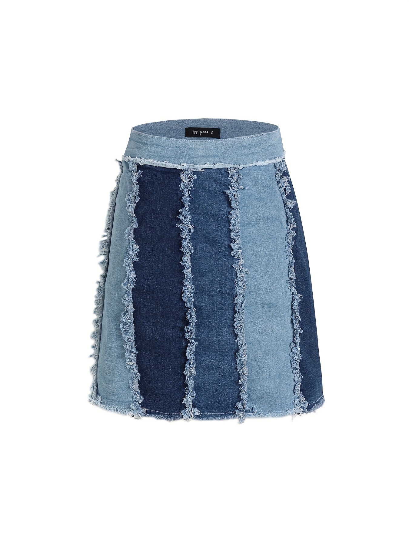 Colorblock Frayed Trim Denim Mini Skirt Patchwork Street Style