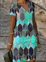  Geometric Print Short Sleeve Notched Neck Dress