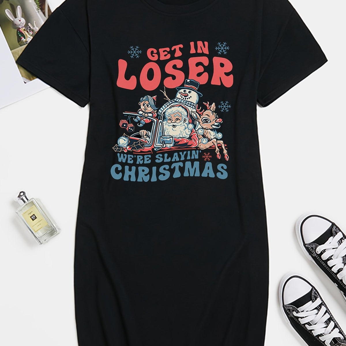  Christmas Casual Dress Women's Plus Slogan & Graphic Print Tee Dress
