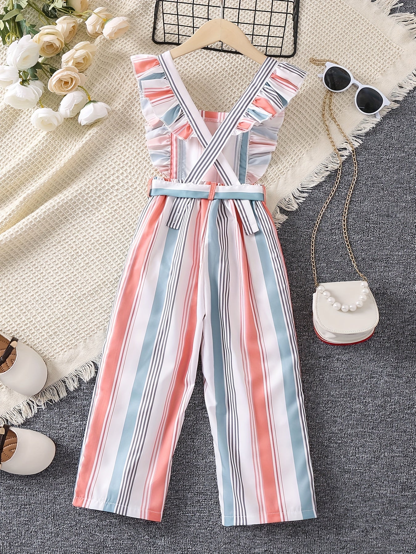 Toddler Girls Ruffle Trim Striped Overall Jumpsuits