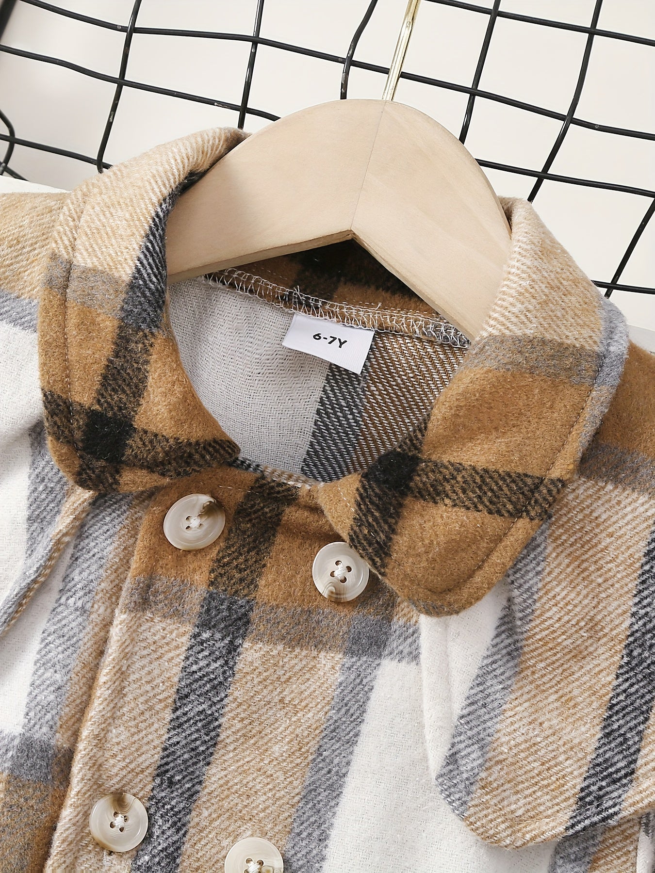 Girls Plaid Pea Coat Round Collar Double Breasted Overcoat