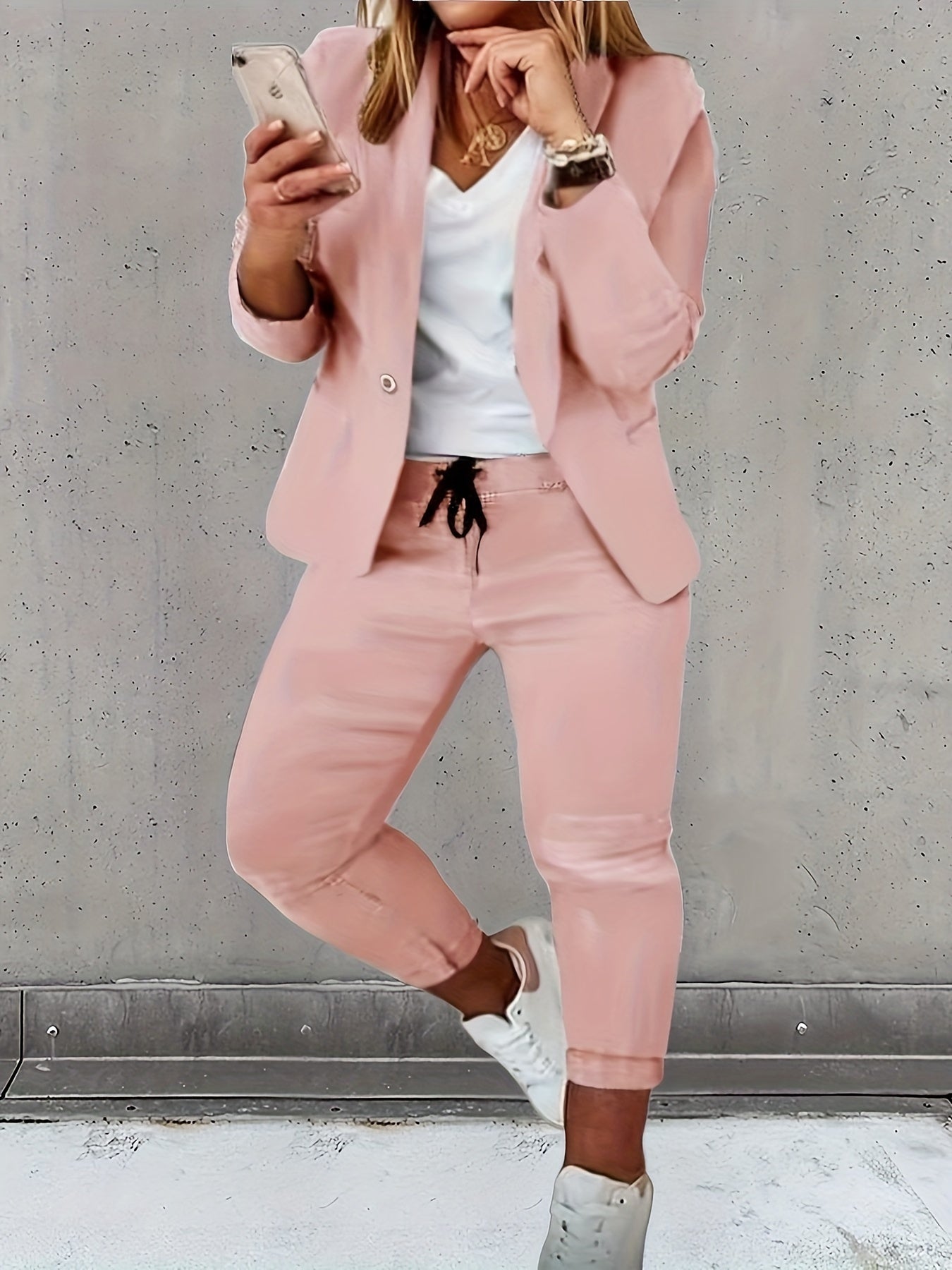 Casual Suit Set Women's Blazer & Drawstring Pants Suit