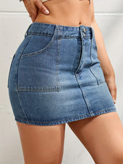 High Waist A-Line Denim Skirt with Pockets