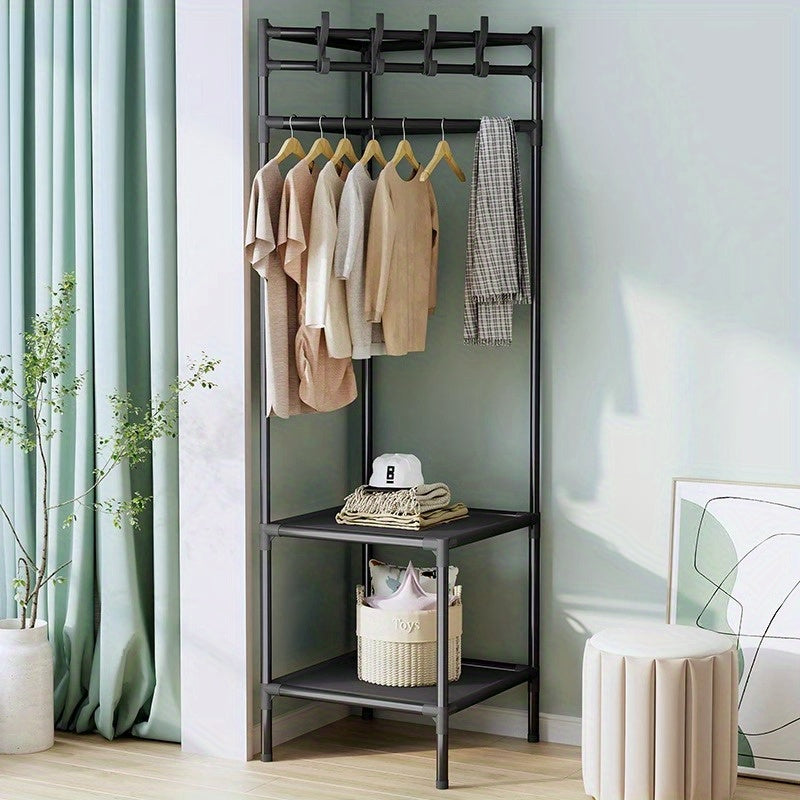 Sturdy Coat Rack with 2 Storage Layers and 4 Double Hooks