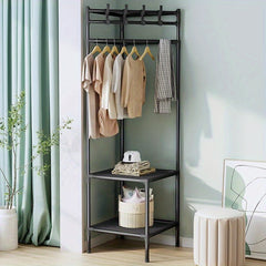 Sturdy Coat Rack with 2 Storage Layers and 4 Double Hooks