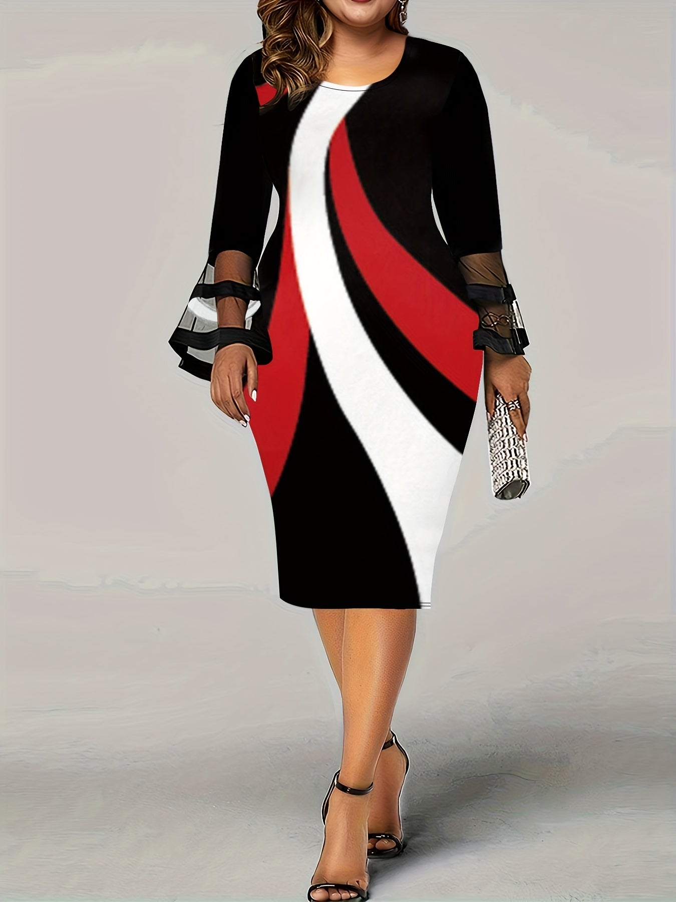  Stripe Print Contrast Mesh Bell Sleeve Bodycon Midi Dress
