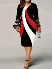  Stripe Print Contrast Mesh Bell Sleeve Bodycon Midi Dress