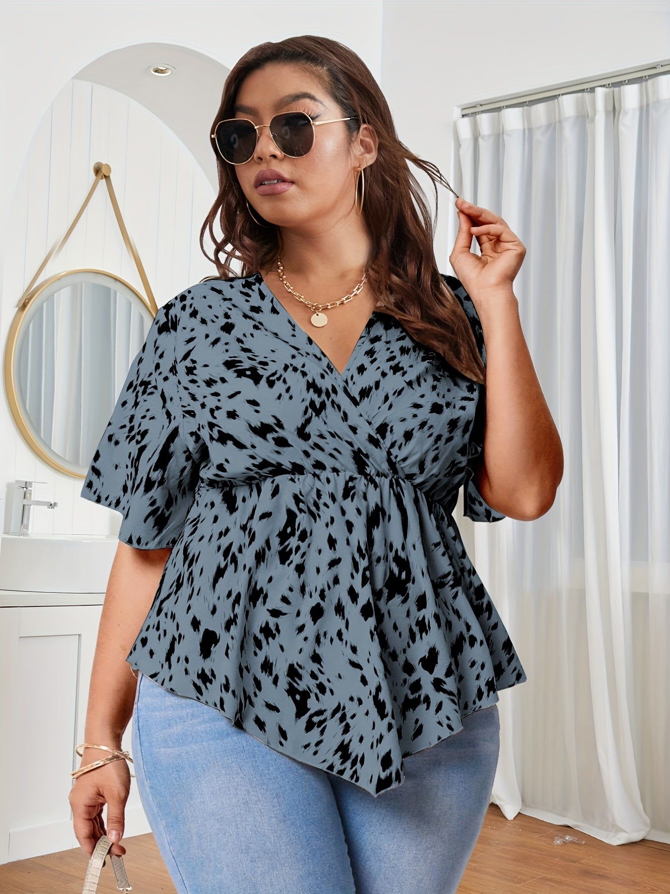  Leopard Print Faux Wrap Peplum Blouse