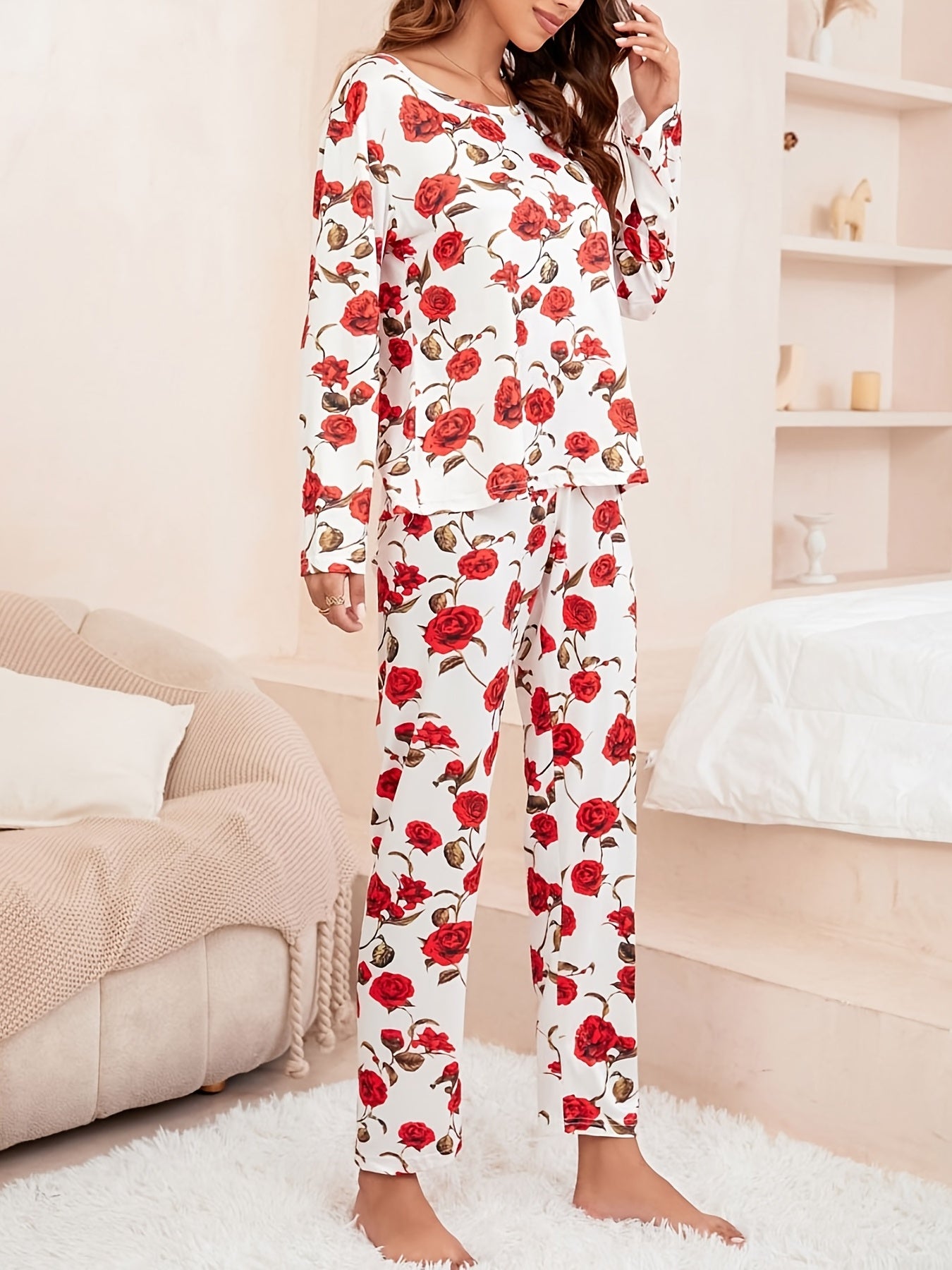 Red Rose Print Pajamas Sets Long Sleeve Top & Pants