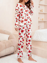 Red Rose Print Pajamas Sets Long Sleeve Top & Pants