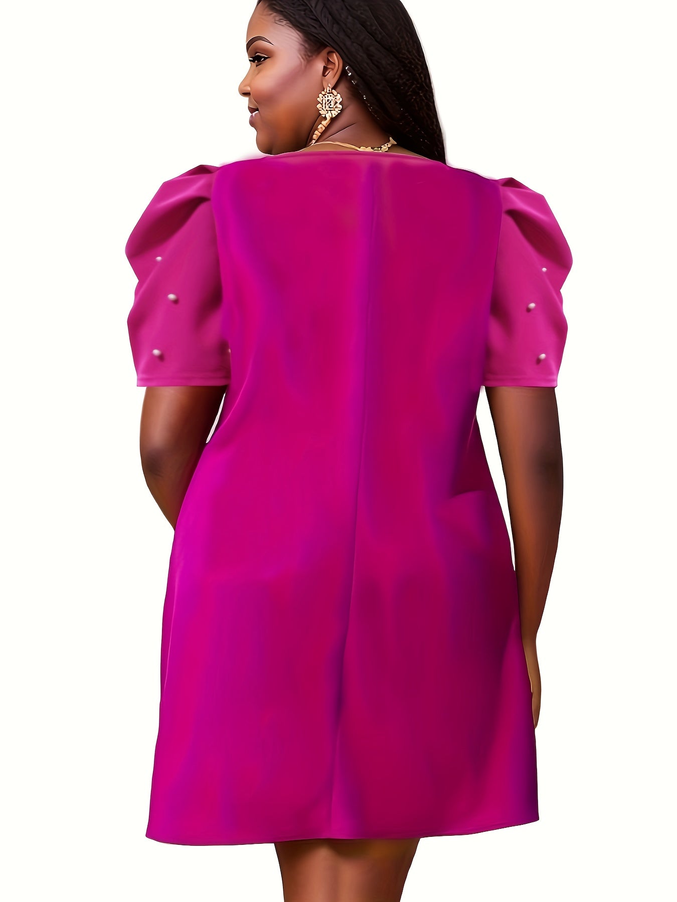  Solid Faux Pearl Puff Sleeve Mini Dress