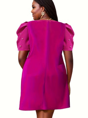  Solid Faux Pearl Puff Sleeve Mini Dress
