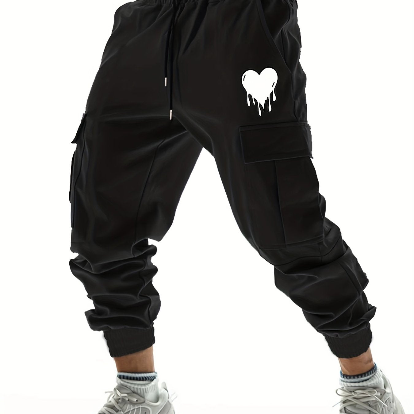 Heart Pattern Side Pockets Joggers Men's Cargo Pants