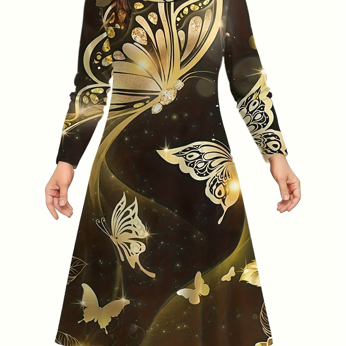  Casual Dress Women's Plus Butterfly Print Long Sleeve Round Neck Dress