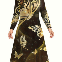  Casual Dress Women's Plus Butterfly Print Long Sleeve Round Neck Dress