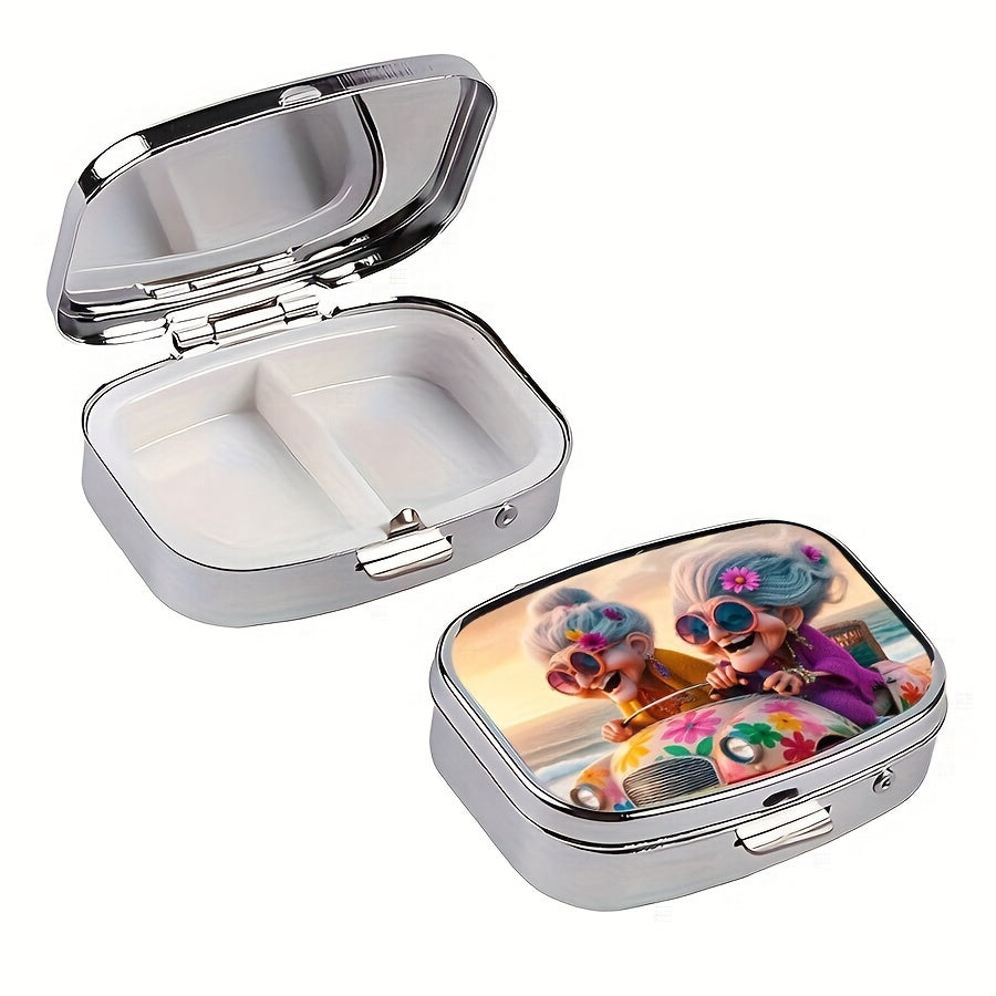 Whimsical Driving Grandmas Pill Box 2 Compartment Metal Medicine Case