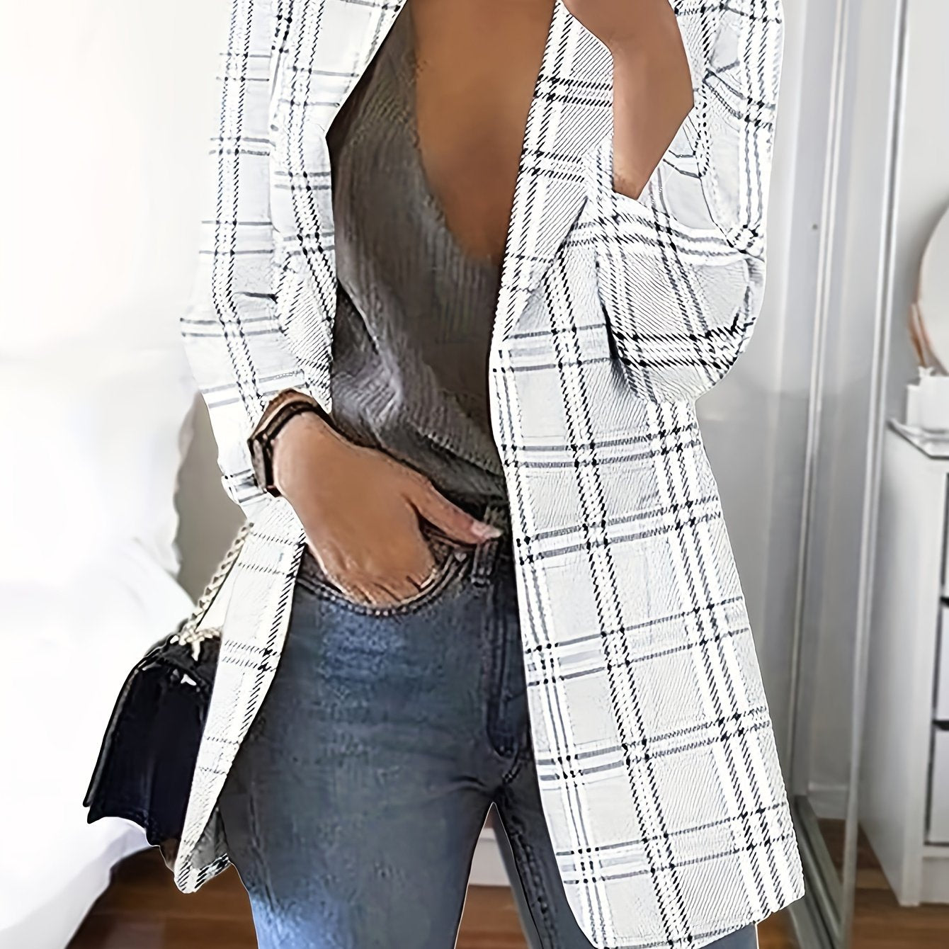  Plaid Print Long Sleeve Blazer
