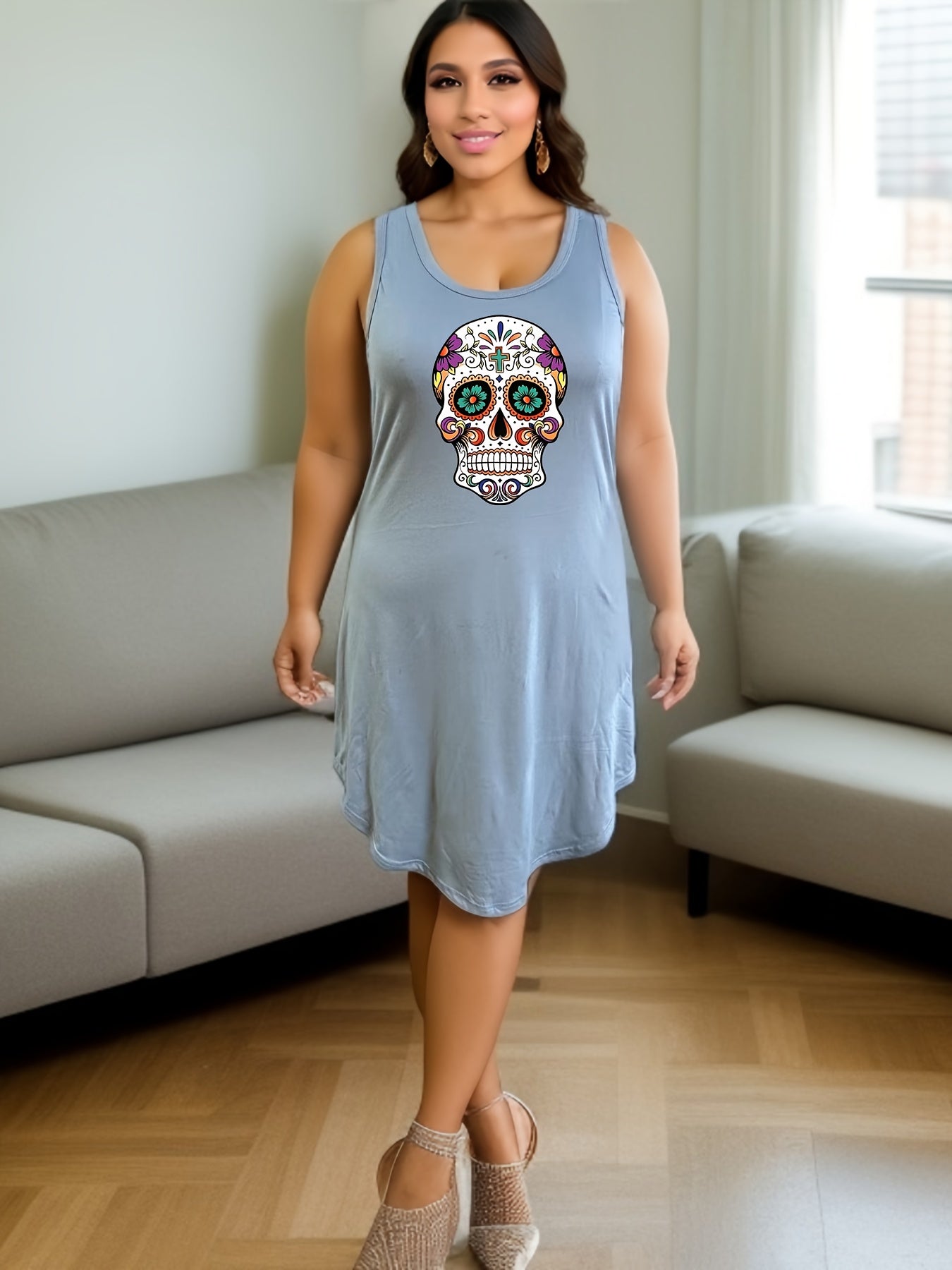  Gothic Loungewear Dress Women's Floral Skull Print Tank Nightdress