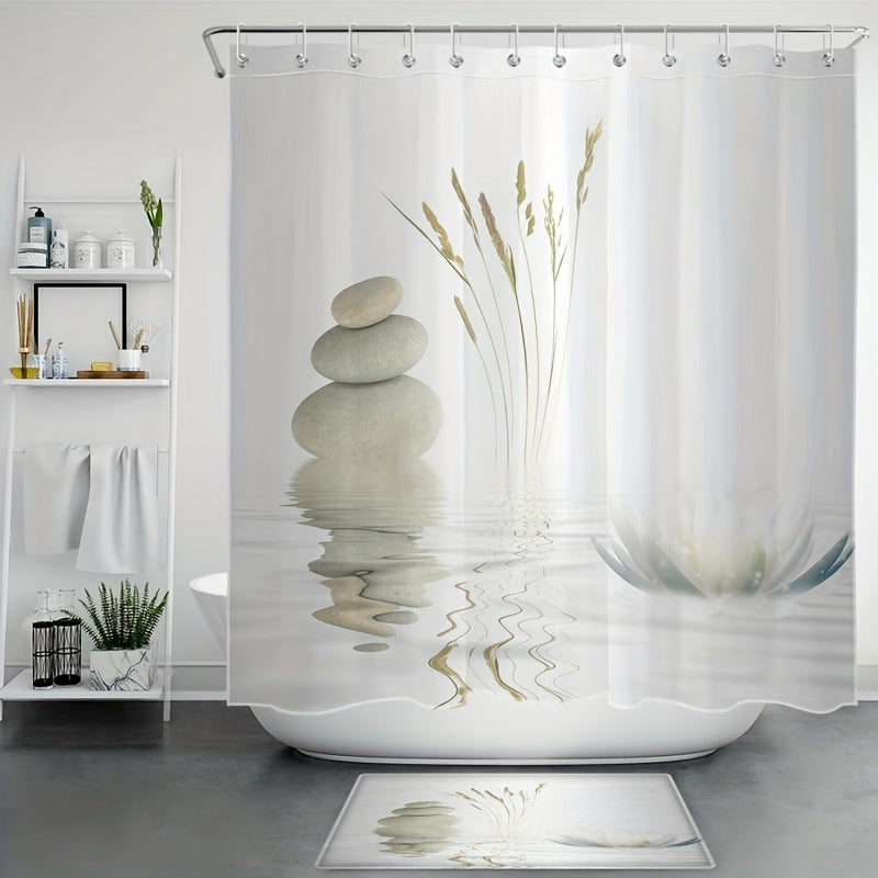 4pcs Stone Print Shower Curtain Set