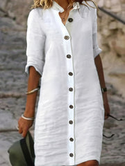  Solid Button Up Long Sleeve Mock Neck Shirt Dress