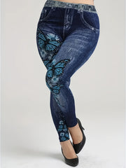  Denim & Butterfly Print High Rise Leggings