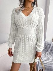  Solid Long Sleeve V Neck Bodycon Midi Sweater Dress