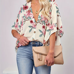  Floral Print Bat Sleeve V Neck Blouse