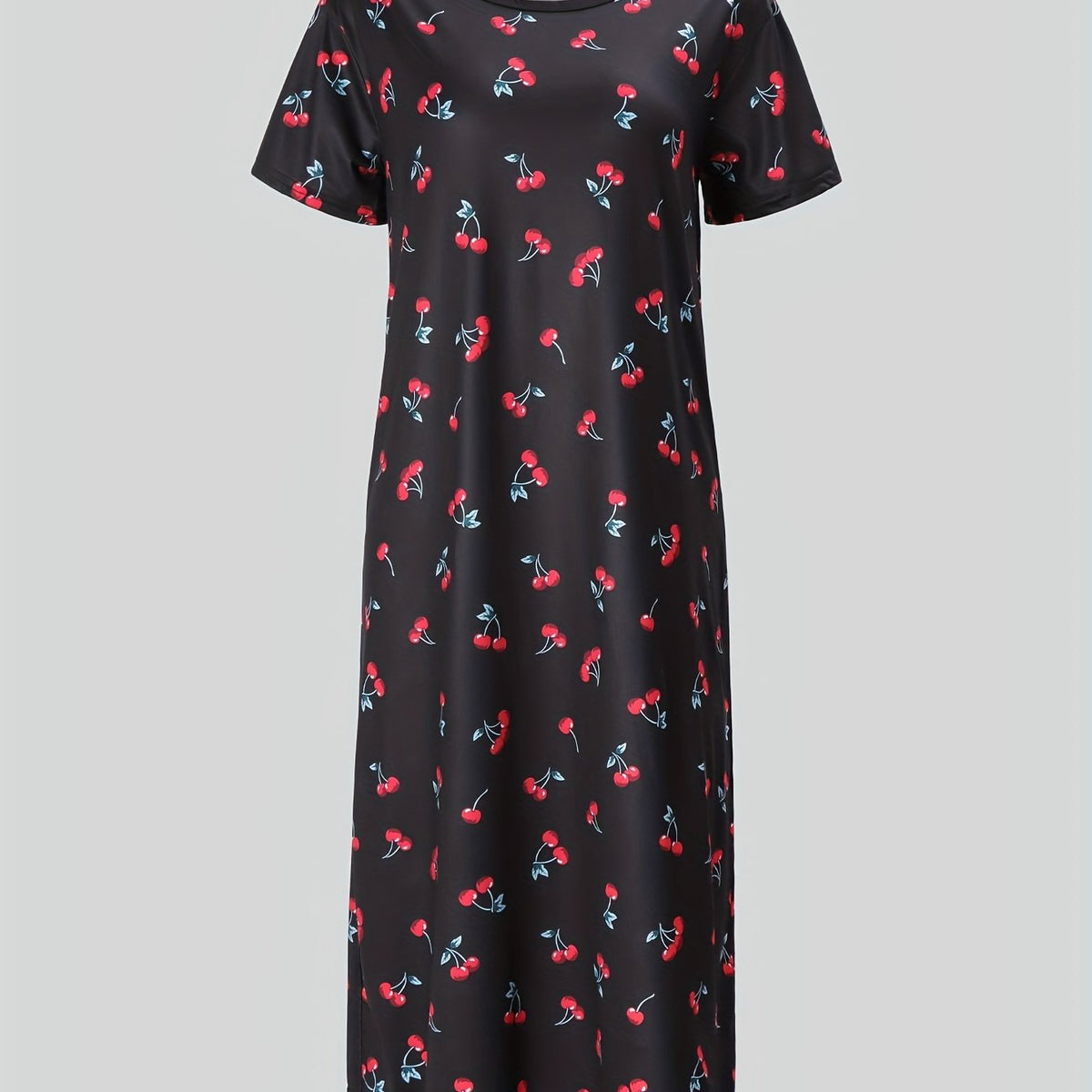 Cherry Print NightDress Short Sleeve Crew Neck Pajama Dress Women's Sleepwear