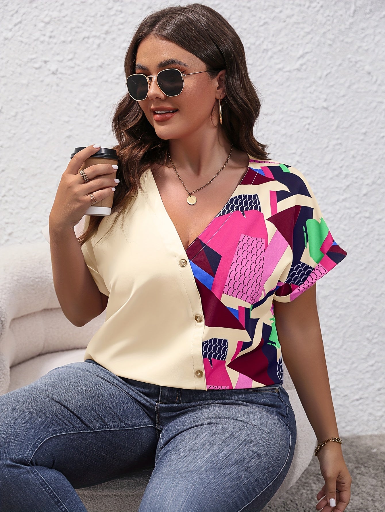  Colorblock Geo Print Button Up Blouse