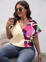  Colorblock Geo Print Button Up Blouse