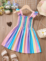 Girls Striped Sleeveless Dress Ruffles Ruched Summer Clothes
