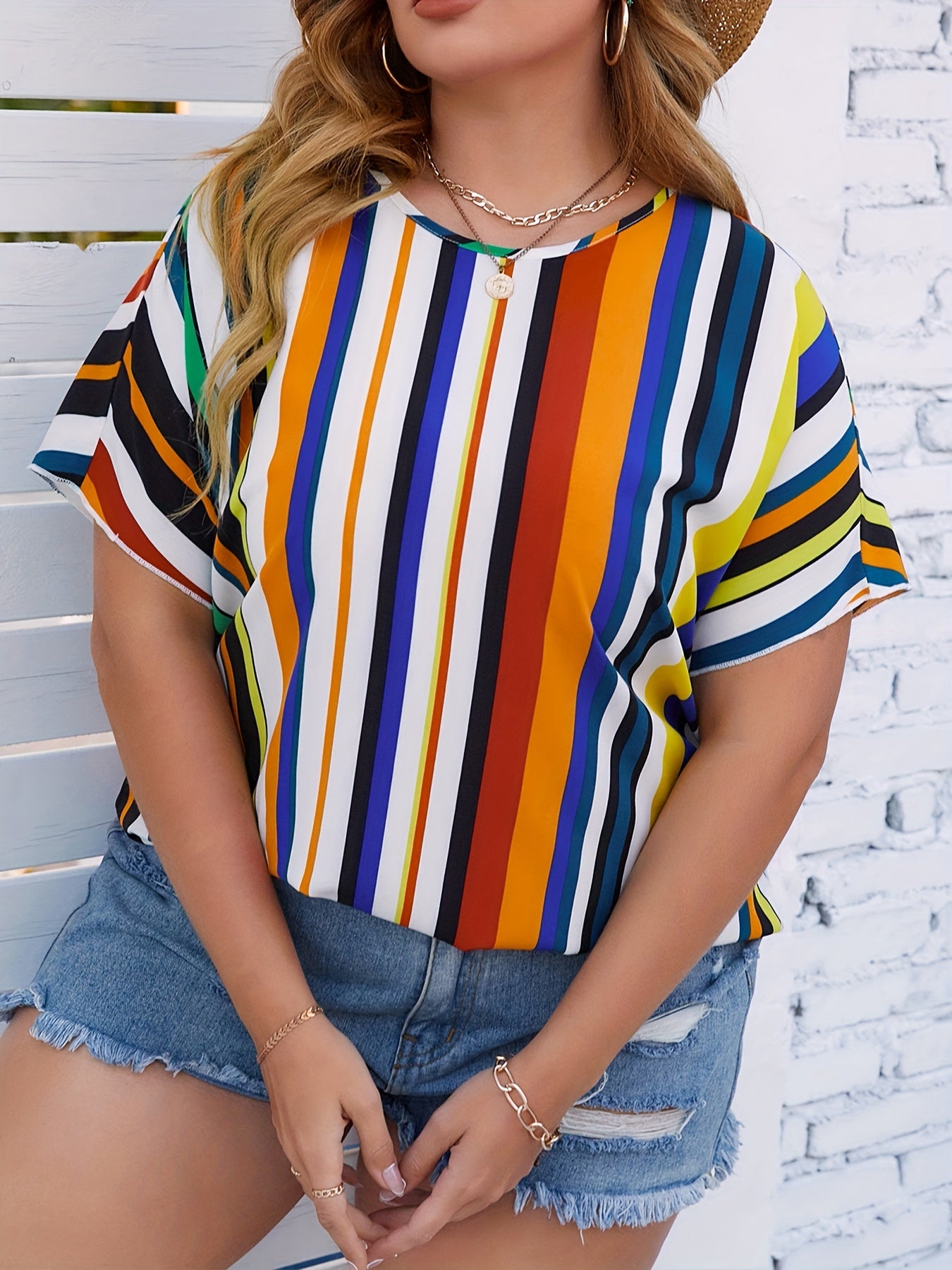  Colorblock Stripe Print Short Sleeve Top