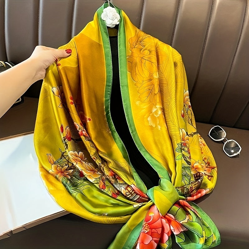 Vintage Peony Flower Print Scarf Classic Silk Shawl Women Head Wrap Satin Sunscr