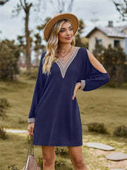  Colorblock Lace Cut Out V Neck Mini Dress