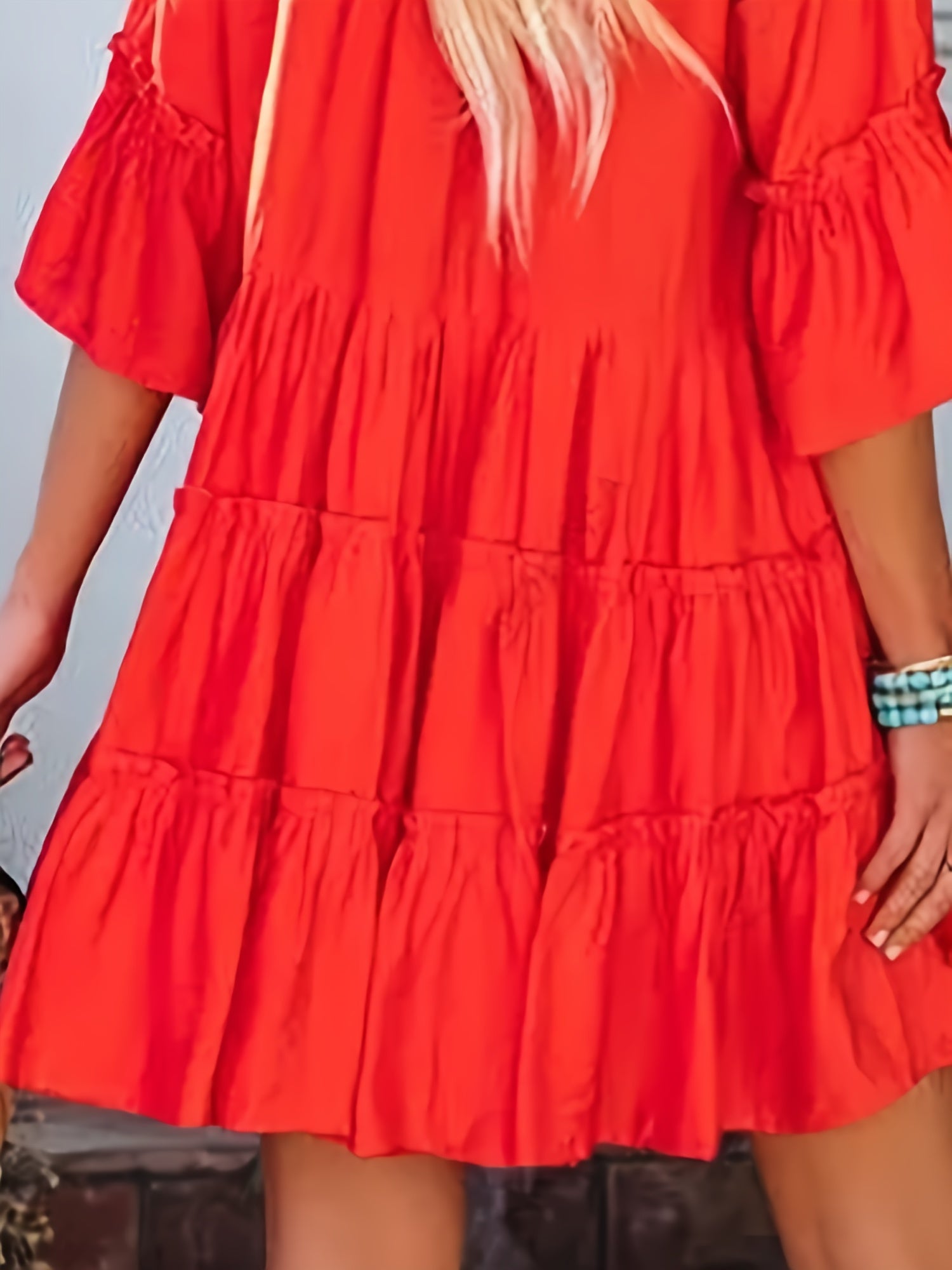 V Neck Flare Sleeve Ruffled Mini Dress