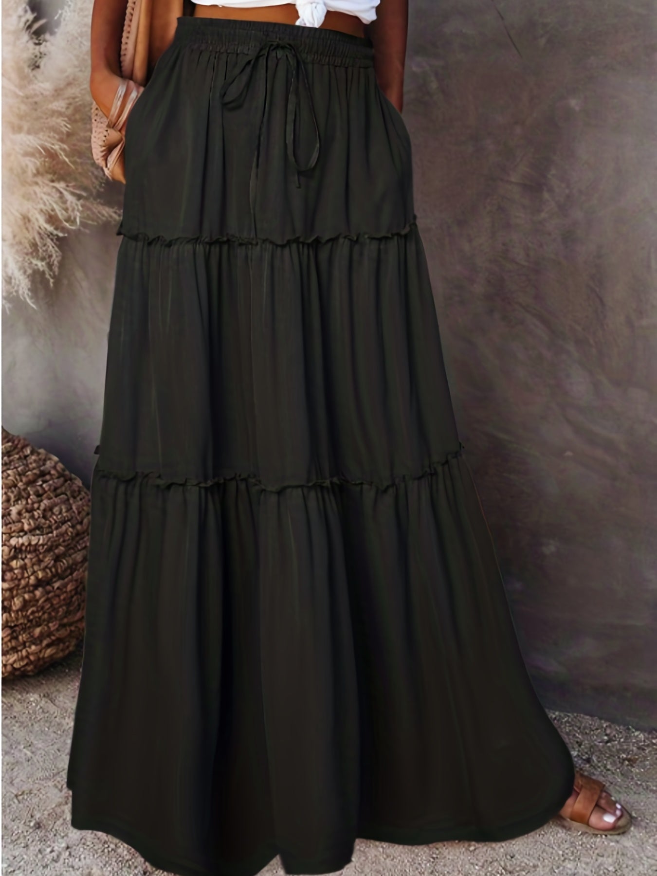  Solid Elastic Drawstring Maxi Skirt