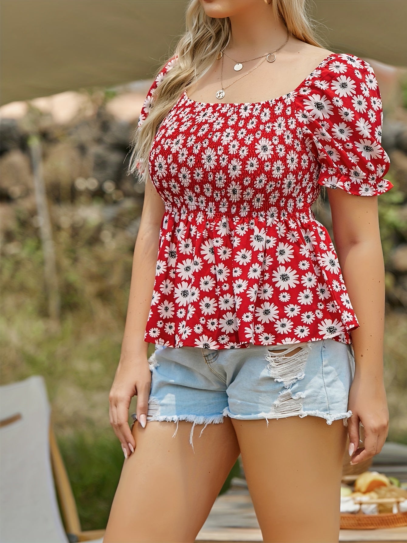  Floral Print Puff Sleeve Peplum Top
