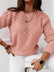  Casual Sweater Solid Hollow Out Round Neck Jumper