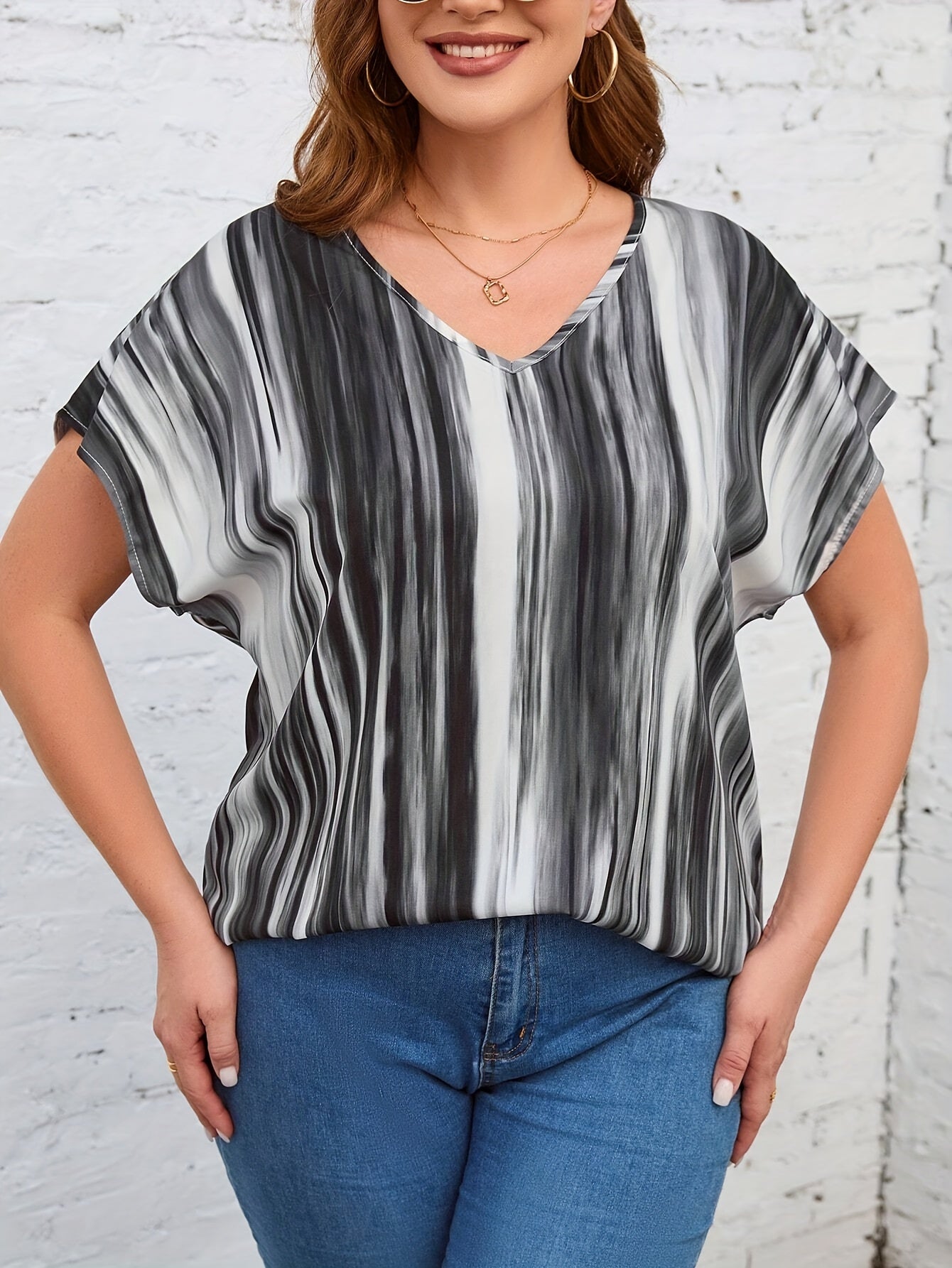  Colorblock Stripe Print Bat Sleeve Blouse