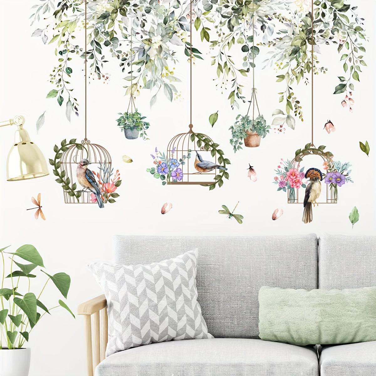 2pcs Flower Vine Tree Branches And Birds Wall Stickers Self Adhesive Decor