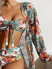 Tropical Floral Knot 3 Piece Swimsuit Set with Cover Up