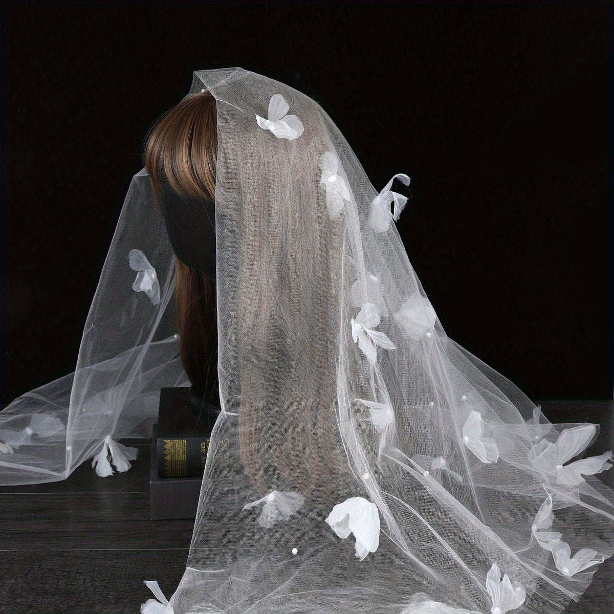 Short Wedding Veil with 3D Butterfly & Floral Tulle Sheer Layered Edge