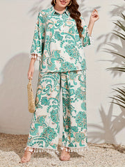 Floral Print Tassel Polo Neck Blouse & Wide Leg Pants Set
