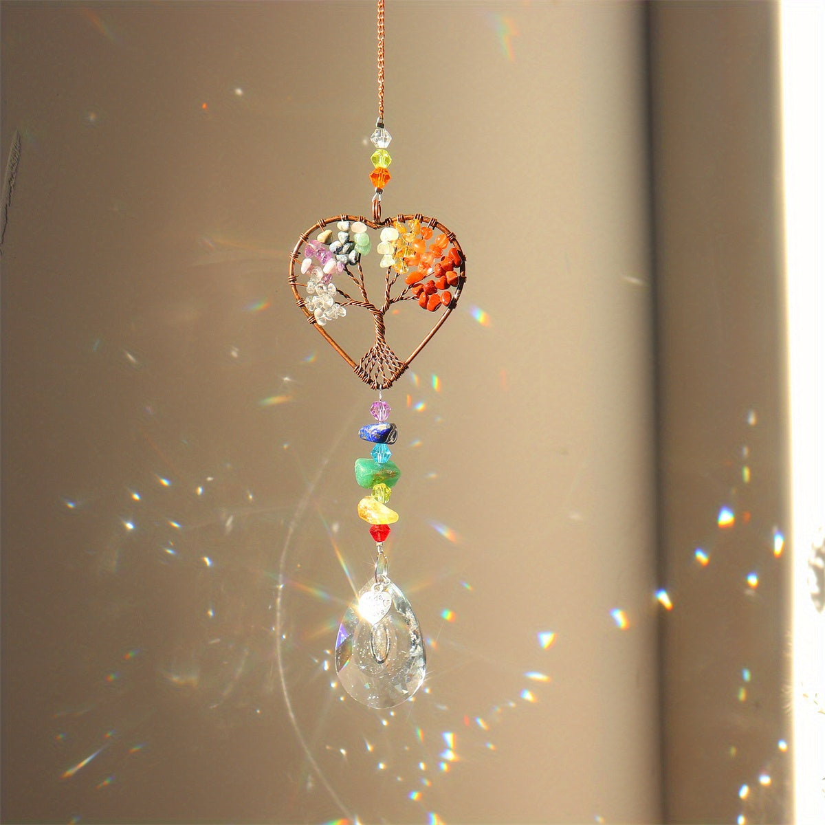 Rainbow Crystal Tree Of Life Suncatcher Heart Shape Chakra Stones