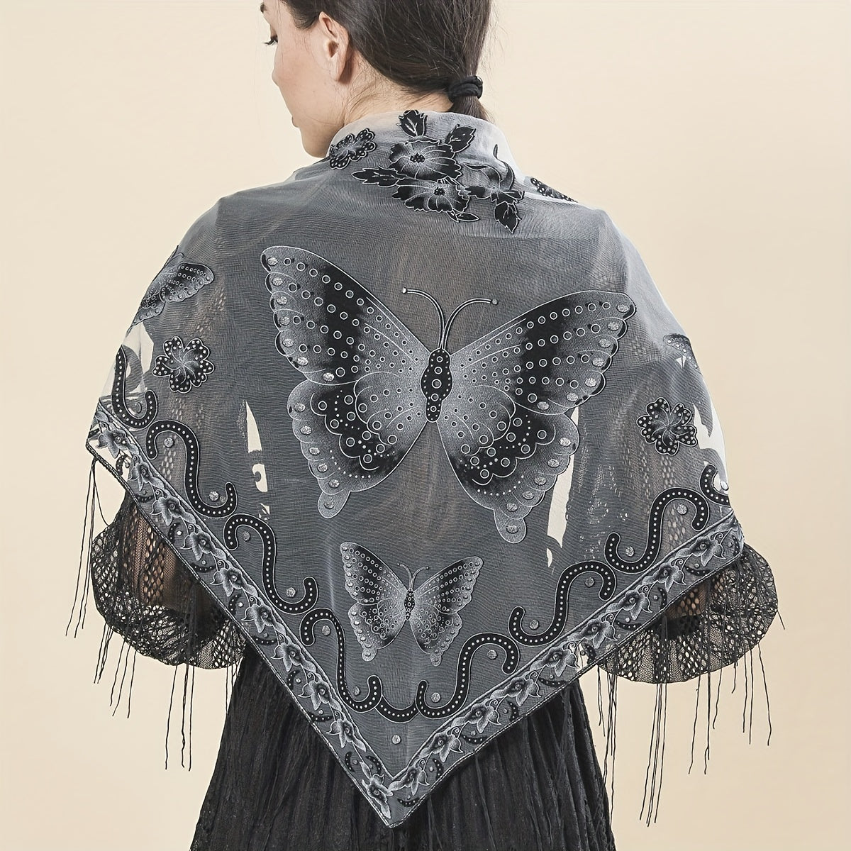 Flower & Butterfly Lace Triangle Scarf Embroidered Shawl
