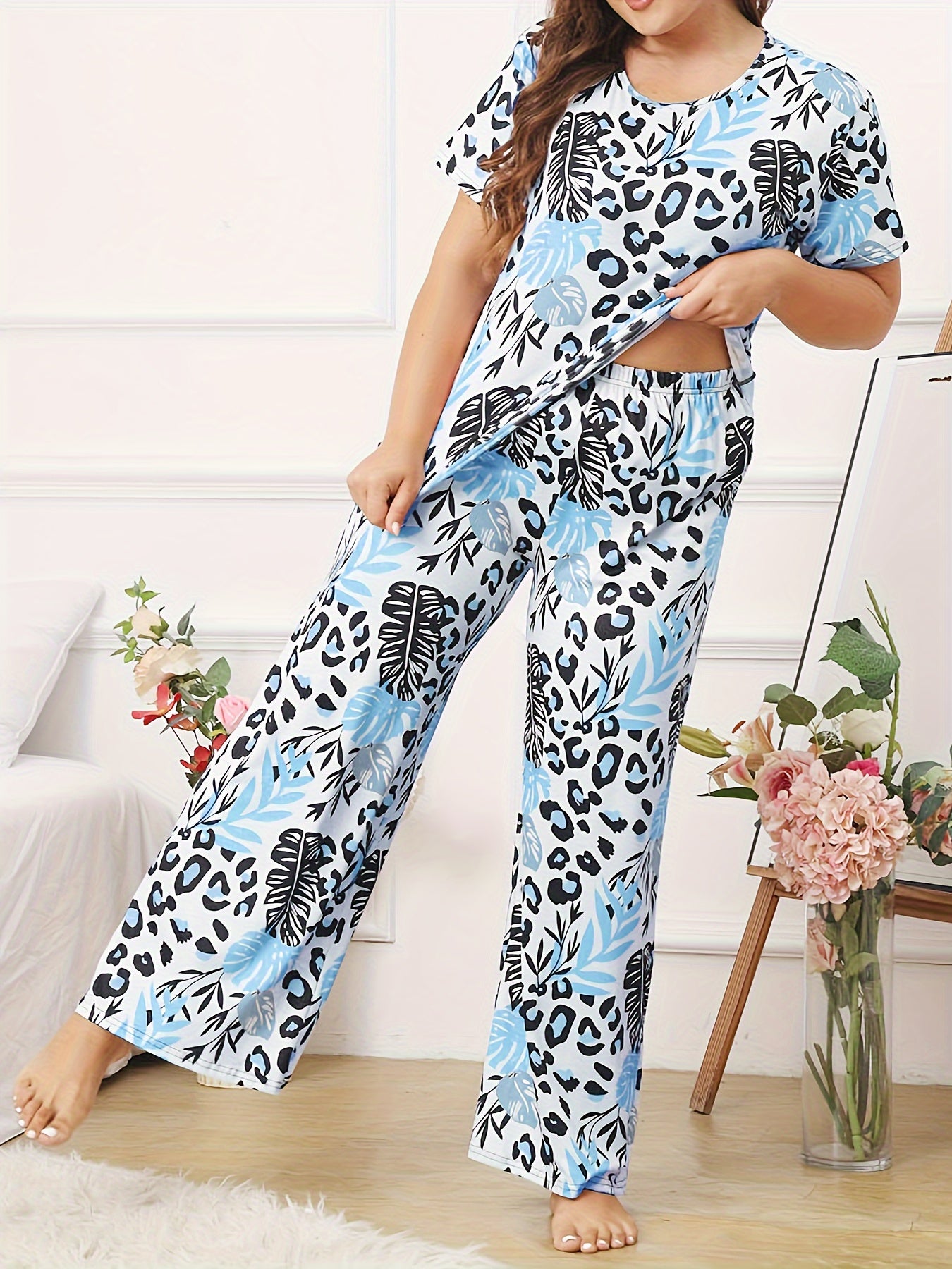  Leopard & Tropical Print Pajama Set Short Sleeve T shirt & Pants