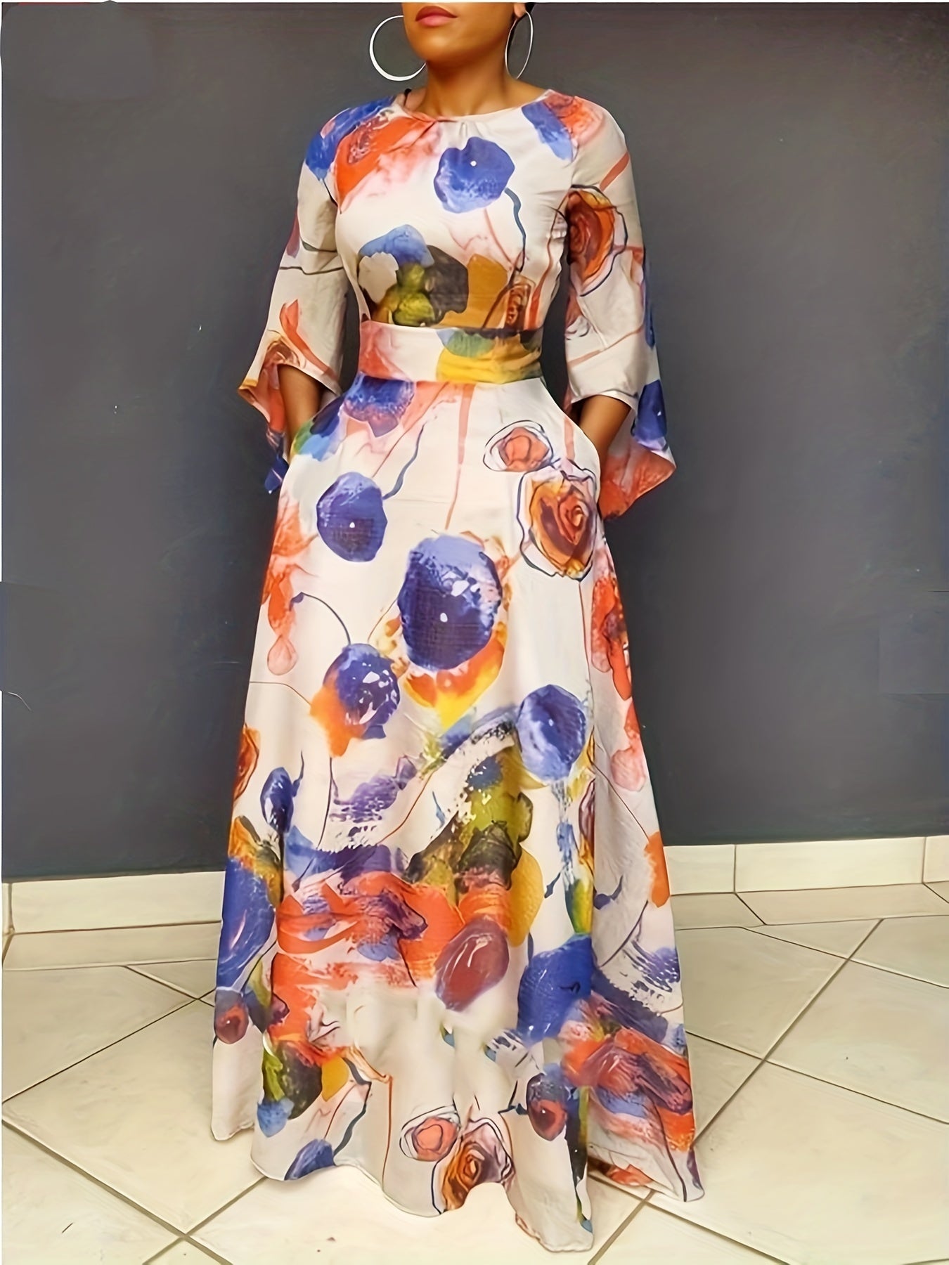  Casual Allover Print Bell Sleeve Maxi Dress With Pockets
